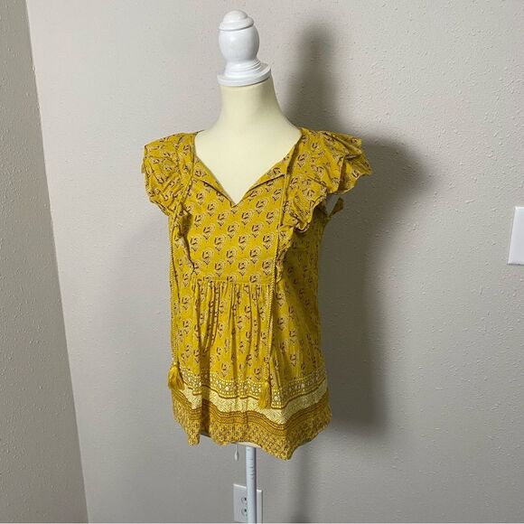 Rose + Olive Yellow Boho Short Flutter Sleeve Top W/ Tassels Women's Size Small - Picture 8 of 14